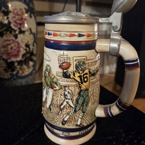 Avon Ceramic Football Stein with Cream, Green, Yellow, Blue and Red Accents